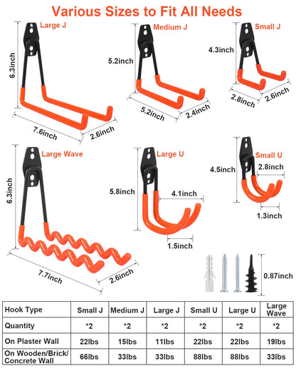 AojSup 12 Pack Wall Hooks for Garage, Heavy Duty Garage Hooks, Double Hooks for Garage, Garage Storage Hooks for Organizing Ladders, Chairs, Hose, Bikes, Power Tools Bulky Items (Orange)