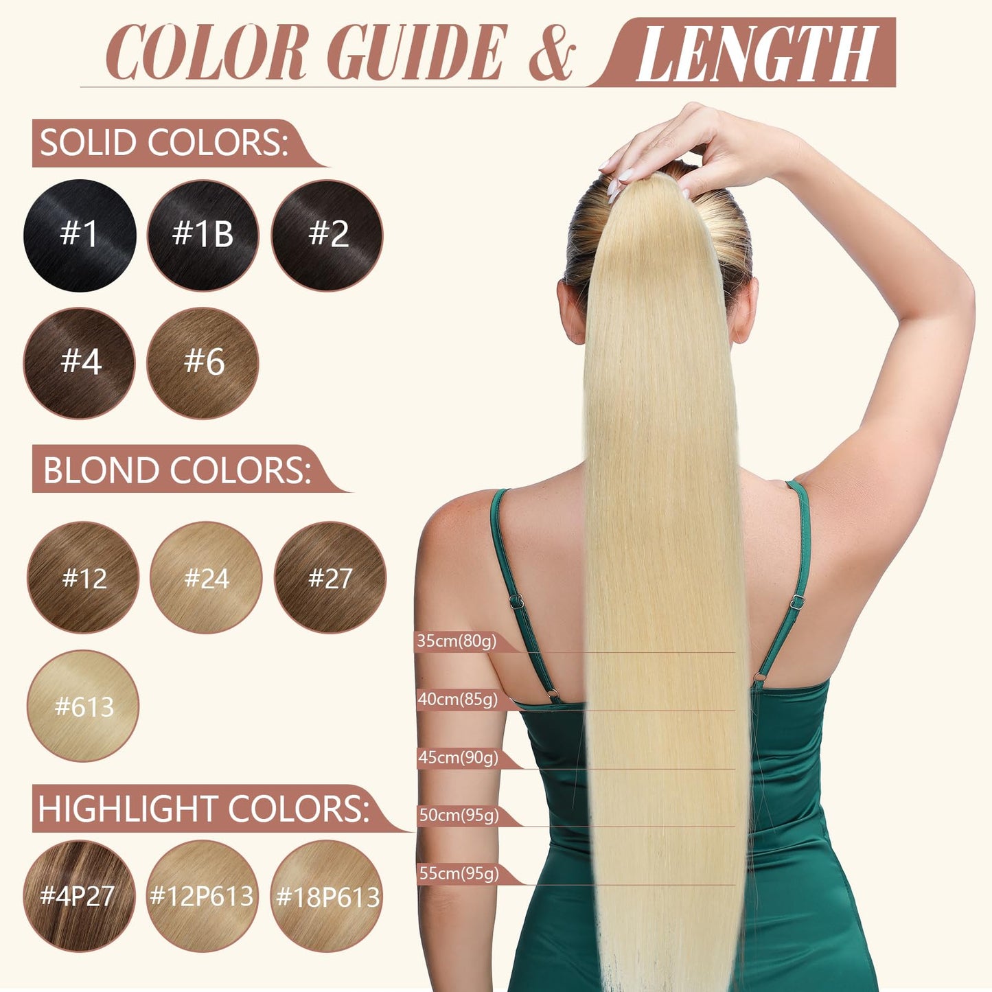 Elite Ponytail Hairpiece Extensions 100% Real Hair Hair Extension Women Clip in Ponytail Extension Blonde Black Straight 40cm 80g #613 Bleached Blonde