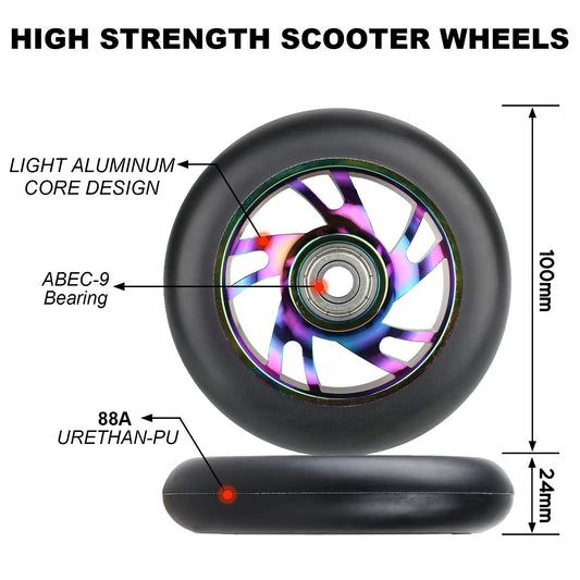 VOKUL 100mm Scooter Replacement Wheels Pro Scooter Neo Wheels - with ABEC-9 Bearings, 100 x 24mm Tire Kick Roller Wheels - Compatible with Apollo/Cox/Fuzion and most Freestyle Scooters, Pair