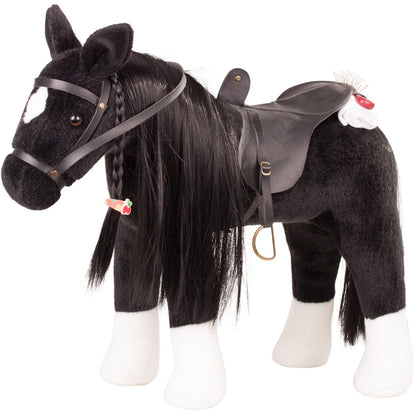 Goetz 3402783 Fighting horse black doll - large plush horse for standing dolls - height 37 cm - 52 cm big black and flexible horse with bridle and saddle