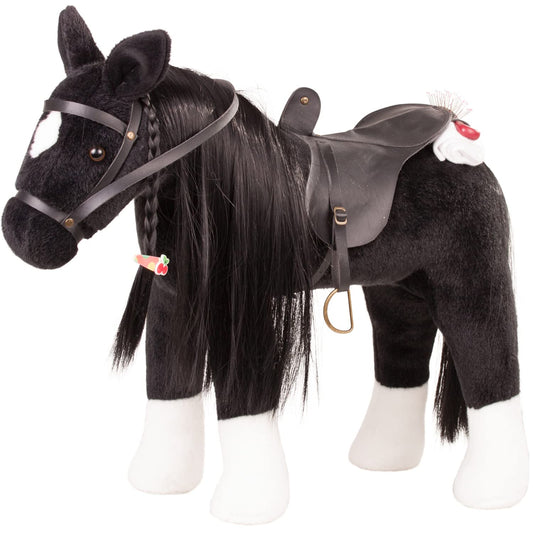 Goetz 3402783 Fighting horse black doll - large plush horse for standing dolls - height 37 cm - 52 cm big black and flexible horse with bridle and saddle