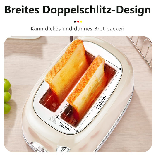 Wiltal Toaster 2 slices, retro design, with bun rack, stainless steel lid, preheat, defrost, cancel functions, countdown timer display, Quick-Toaster (cream)
