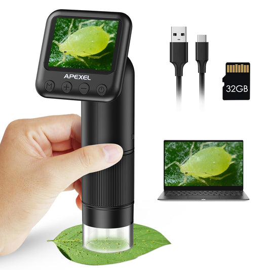 LCD Digital Handheld Microscope, 800x Portable Pocket Microscope for Kids with LED Lights. Connects to PC via USB, comes with SD Card and Slides.