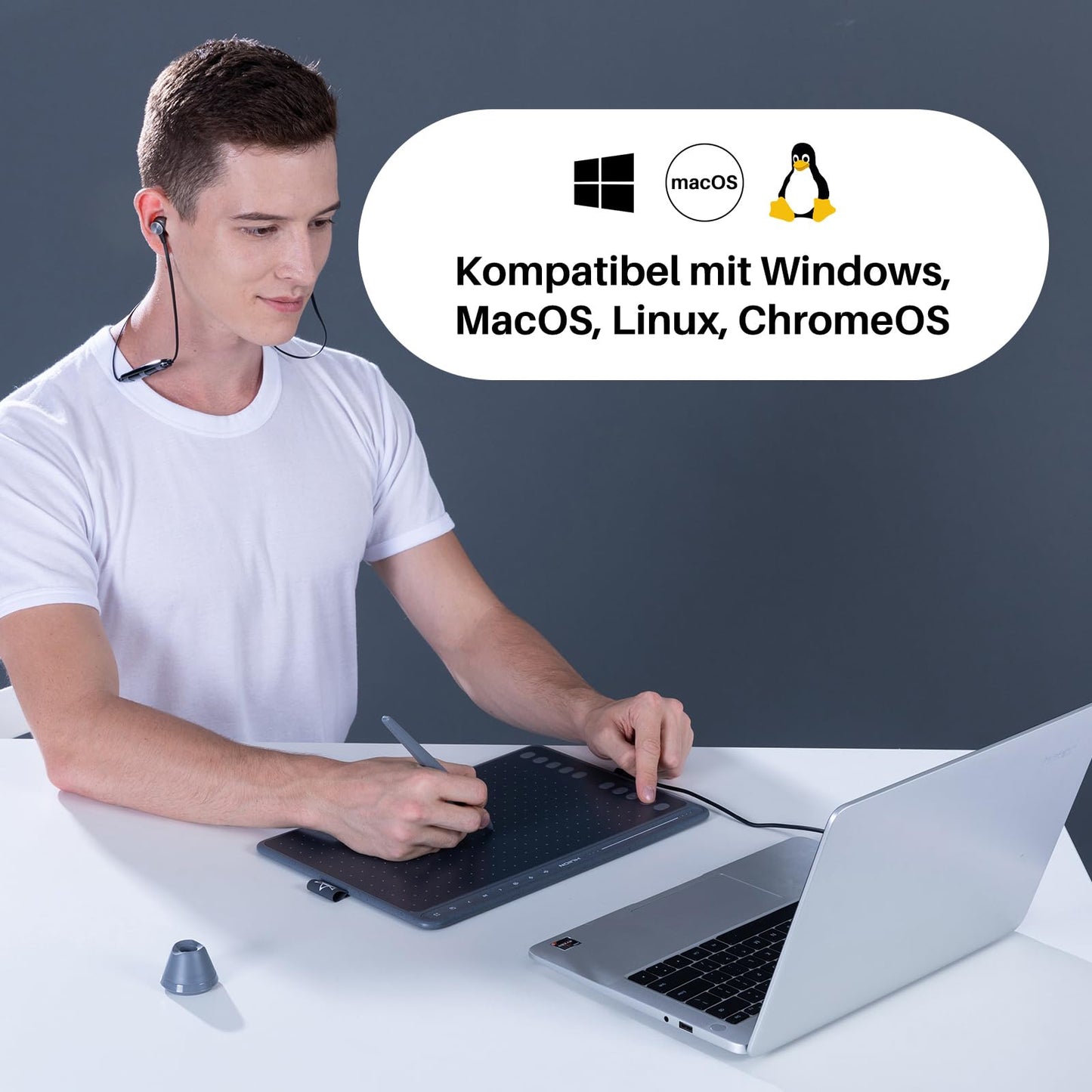 HUION HS611 Graphic Tablet, 10.2 x 6.36 inch Professional Drawing Tablet, Battery-free Digital PW500 Pen, Equipped with Multimedia Touch Keys, Adjustable Volume, Music Playback, Gray