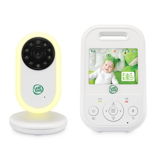 LeapFrog LF2423 Baby Monitor has long range, 2.8" video LCD display, 2x zoom, temperature sensor, noise activation, intercom, long battery life, and 720p resolution.