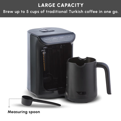 KARACA Hatır Roast Turkish Coffee Maker, Shiny Black, 5 cup capacity, lots of foam, 535W, voice warning system, light warning system, measuring spoon, easy cleaning.