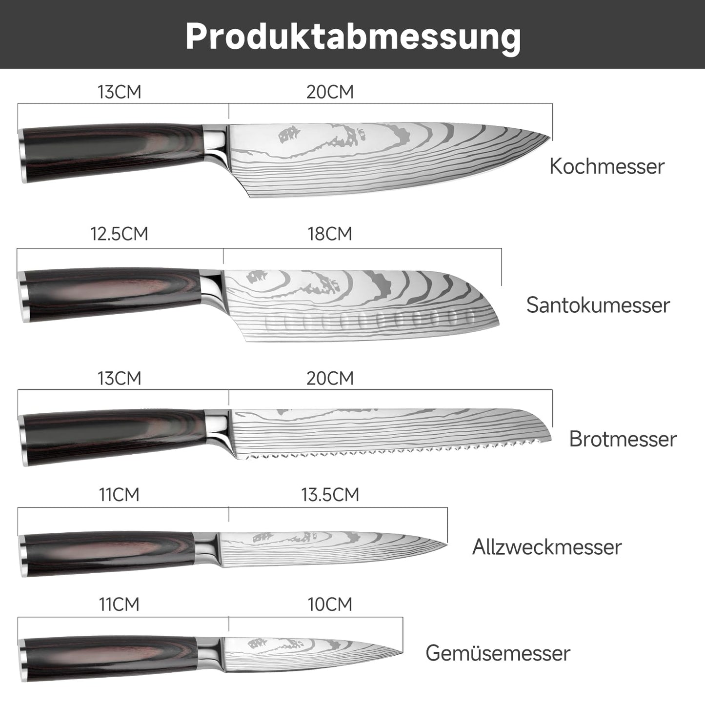 Gustrug Knife Set 5-piece kitchen knife set made of high-quality stainless steel, ergonomic handle, professional knife set with chef's knife, bread knife, Santoku knife, utility knife, vegetable knife - gift box