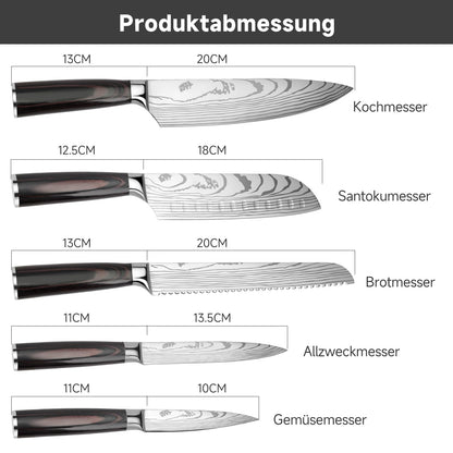 Gustrug Knife Set 5-piece kitchen knife set made of high-quality stainless steel, ergonomic handle, professional knife set with chef's knife, bread knife, Santoku knife, utility knife, vegetable knife - gift box
