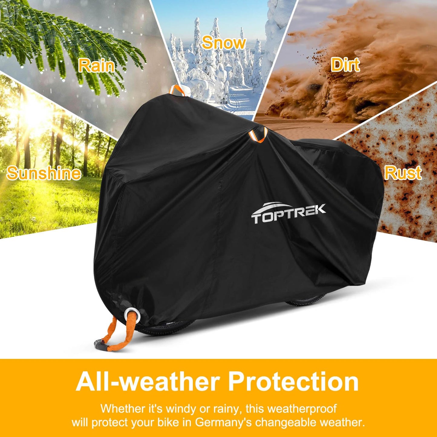 Toptrek bike cover made of 210D Oxford fabric for outdoor use. High-quality cover with lock holes and sun protection. Tear-resistant and includes a storage bag. Fits 3 bikes, dimensions 220x120x110cm.