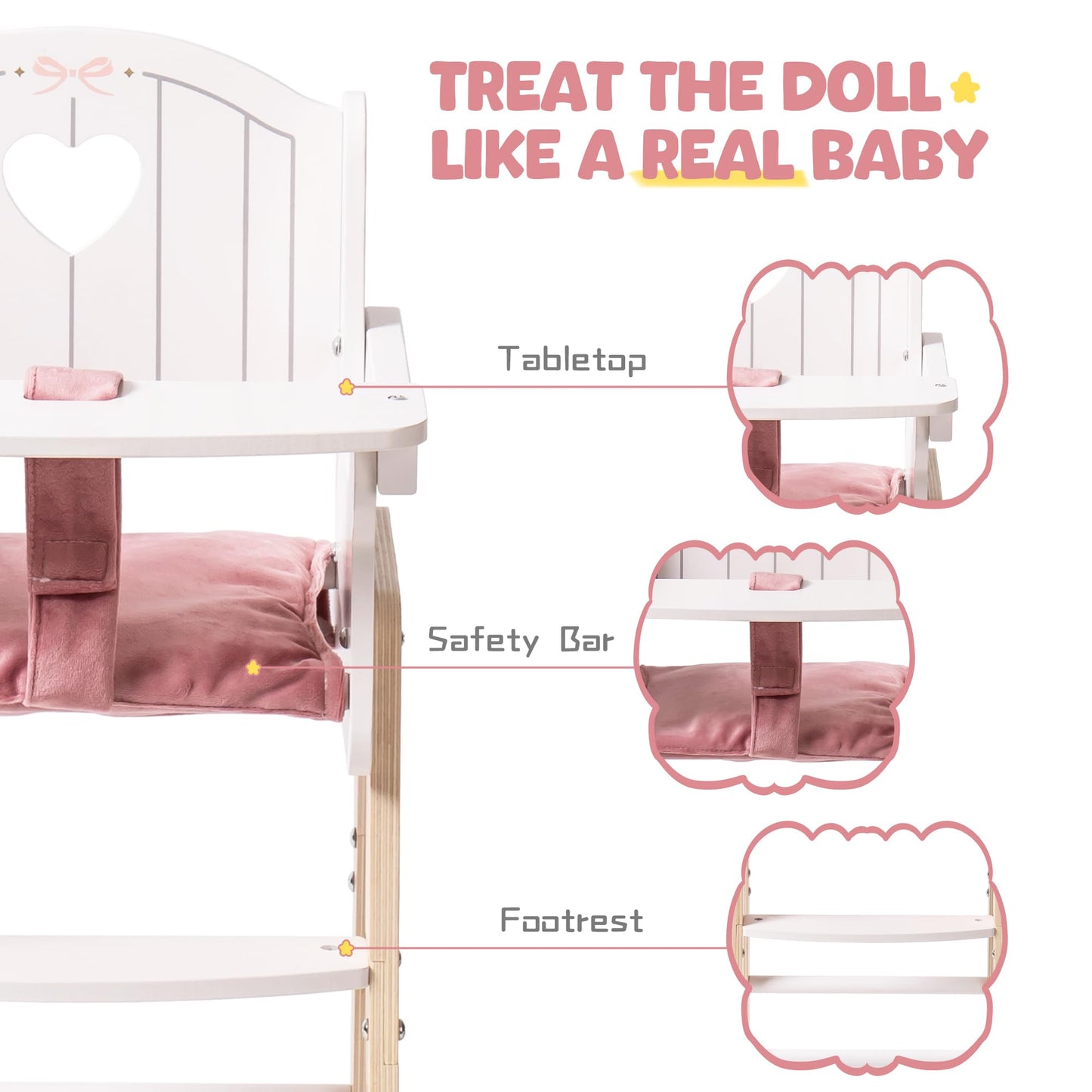 ROBUD wooden doll high chair - doll furniture for 18~20 inch dolls - Pink