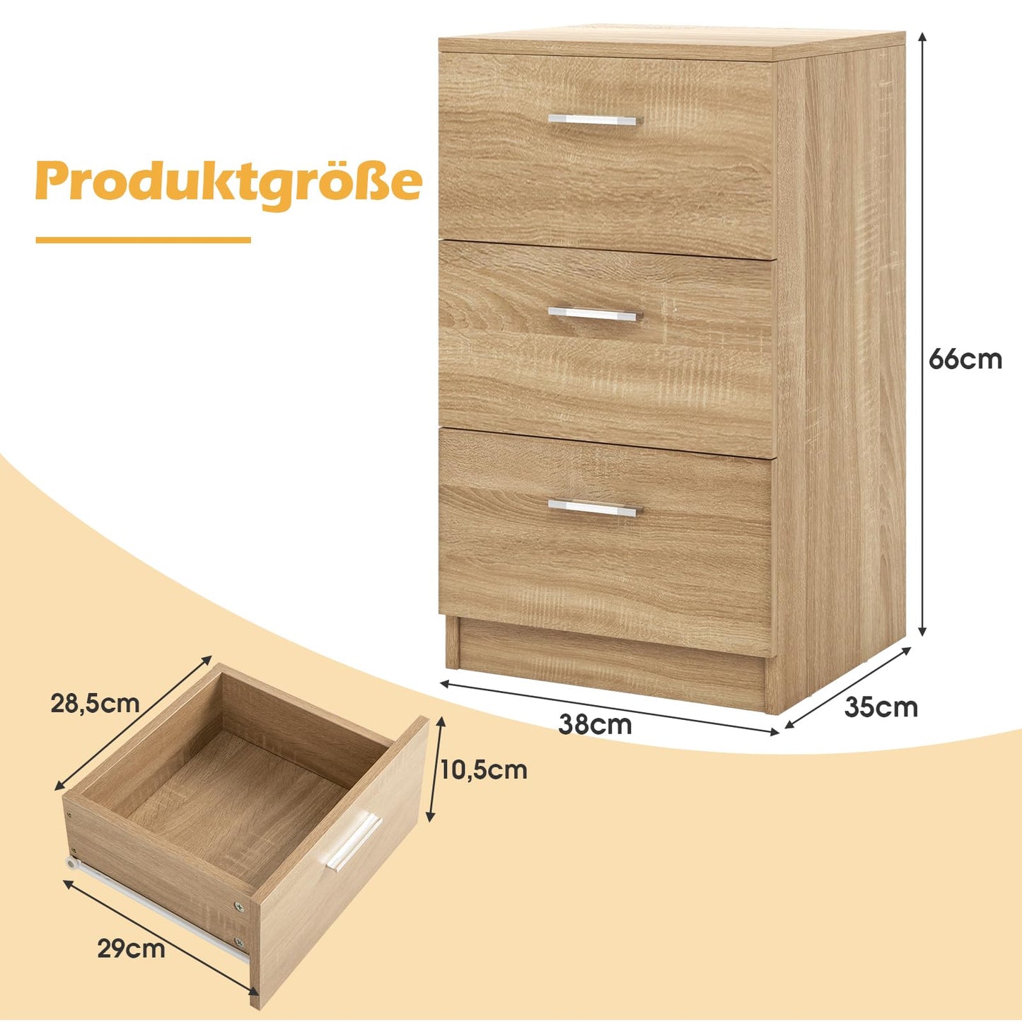 COSTWAY bedside table with 3 drawers, nightstand for boxspring bed, nightstand, night console, side table for bedroom, living room, 38 x 35 x 66 cm, natural