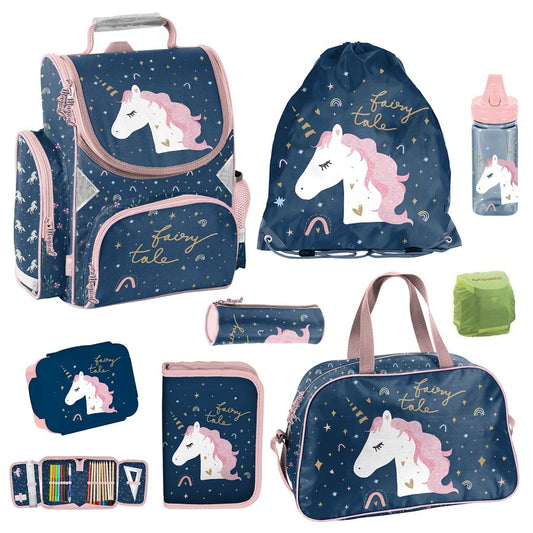 Familando Girl's School Backpack Set Magic Unicorn, 8 pieces, ergonomic backpack with reflectors, suitable from 1st grade with pencil case and sports bag (Unicorn)