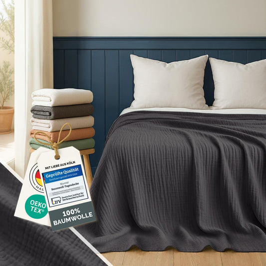 Blumtal daybed 200x230 cm Cotton - Muslin Blanket Oeko-TEX cert. - Bedspread 200x230 - Couch Throw - Light cotton cuddly blanket 100% - Living room sofa blanket - Bedspread Anthracite
