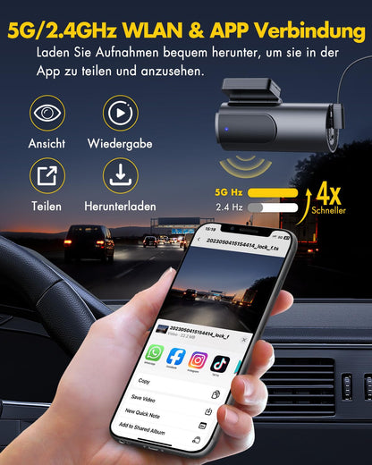 4K+1080P front and rear dash cam with 5GHz WiFi, 64GB SD card, parking monitoring, super night vision, WDR, 170° wide angle, G-sensor, loop recording, APP control, supports up to 256GB.
