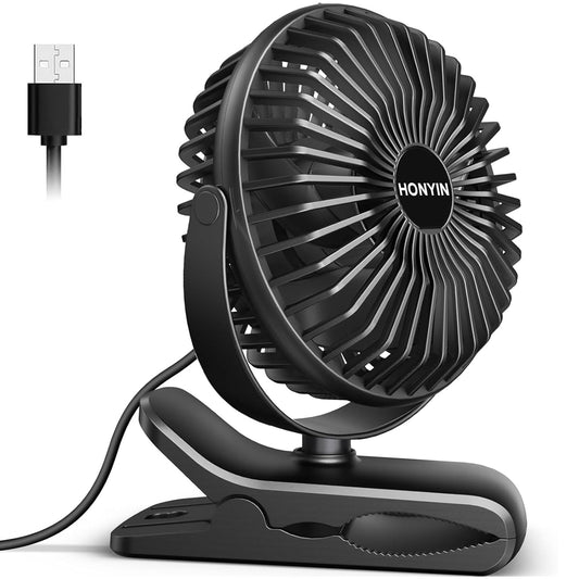 HONYIN Mini Fan with Clip, 720° Rotation Small USB Fan, Strong + Stable Clamp, 3 Speed Levels, Great as Desk Fan in Office and Bedroom