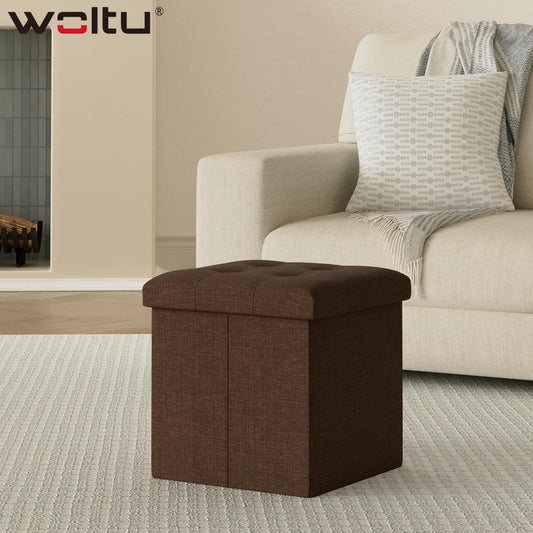 WOLTU 2er Set storage ottomans with foldable lid, upholstered linen seat, 37.5x37.5x38CM (LxWxH), Brown.