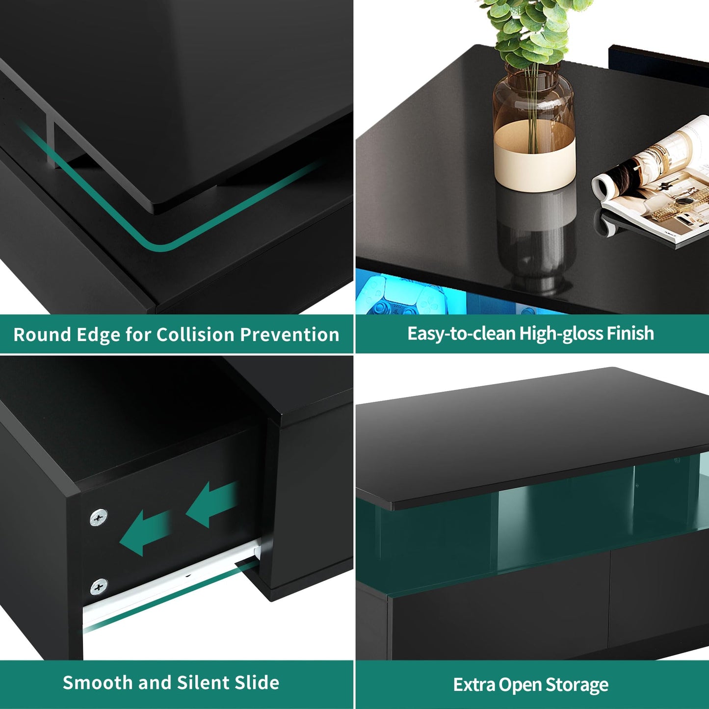 YITAHOME Black Coffee Table, High Gloss Living Room Table with 16-Color LED Lighting, Modern Black Side Table with Open Display Shelf and 4 Pull-Out Drawers 90x55x41.1 cm
