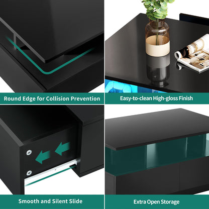 YITAHOME Black Coffee Table, High Gloss Living Room Table with 16-Color LED Lighting, Modern Black Side Table with Open Display Shelf and 4 Pull-Out Drawers 90x55x41.1 cm