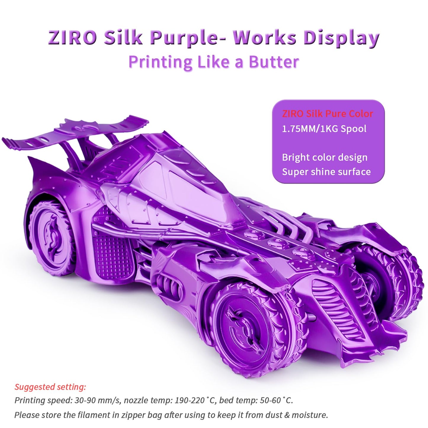 ZIRO Silk PLA 1.75mm Filament, 3D printer filament from the Silk PLA series 1.75mm 1kg, diameter tolerance at +/-0.03mm, Purple