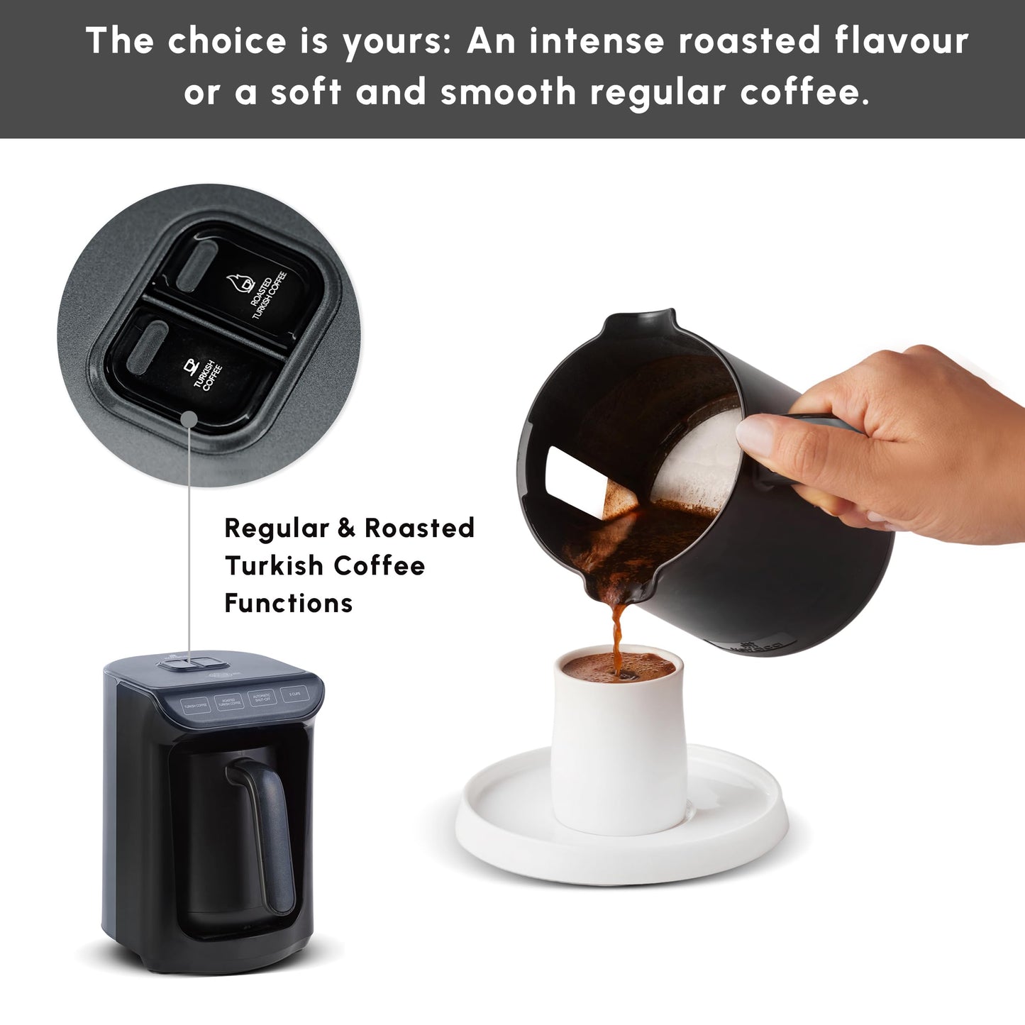 KARACA Hatır Roast Turkish Coffee Maker, Shiny Black, 5 cup capacity, lots of foam, 535W, voice warning system, light warning system, measuring spoon, easy cleaning.