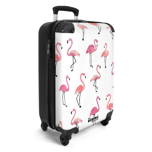 NoBoringSuitcases.com® Kids' suitcase for girls with wheels, hand luggage, suitcase with animal motif - flamingo pattern - pink - children's suitcase trolley, 55x40x20.