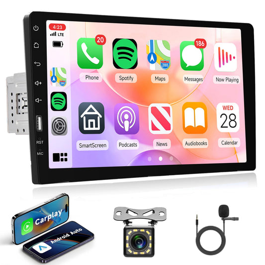 Rimoody Carplay car stereo 1 Din with Android Auto Bluetooth FM 9 inch touchscreen car stereo with IOS/Android Mirror Link USB/AUX/TF/EQ steering wheel control Digital Media Receiver with rear view camera microphone