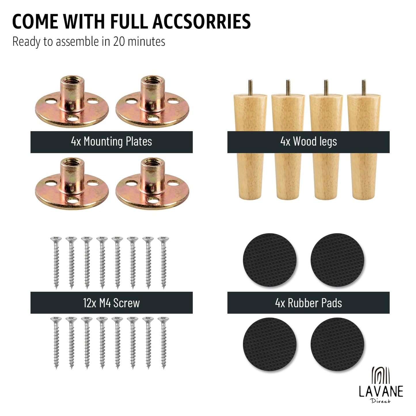 The La Vane 4pcs Solid Wood Furniture Legs - Cone Shaped Table Legs Replacement (Height: 20cm) with M8 Threaded Bolt, Mounting Plates - For Sofa, Bed, Cabinet, Couch, Ottoman & Tables - Easy to install.