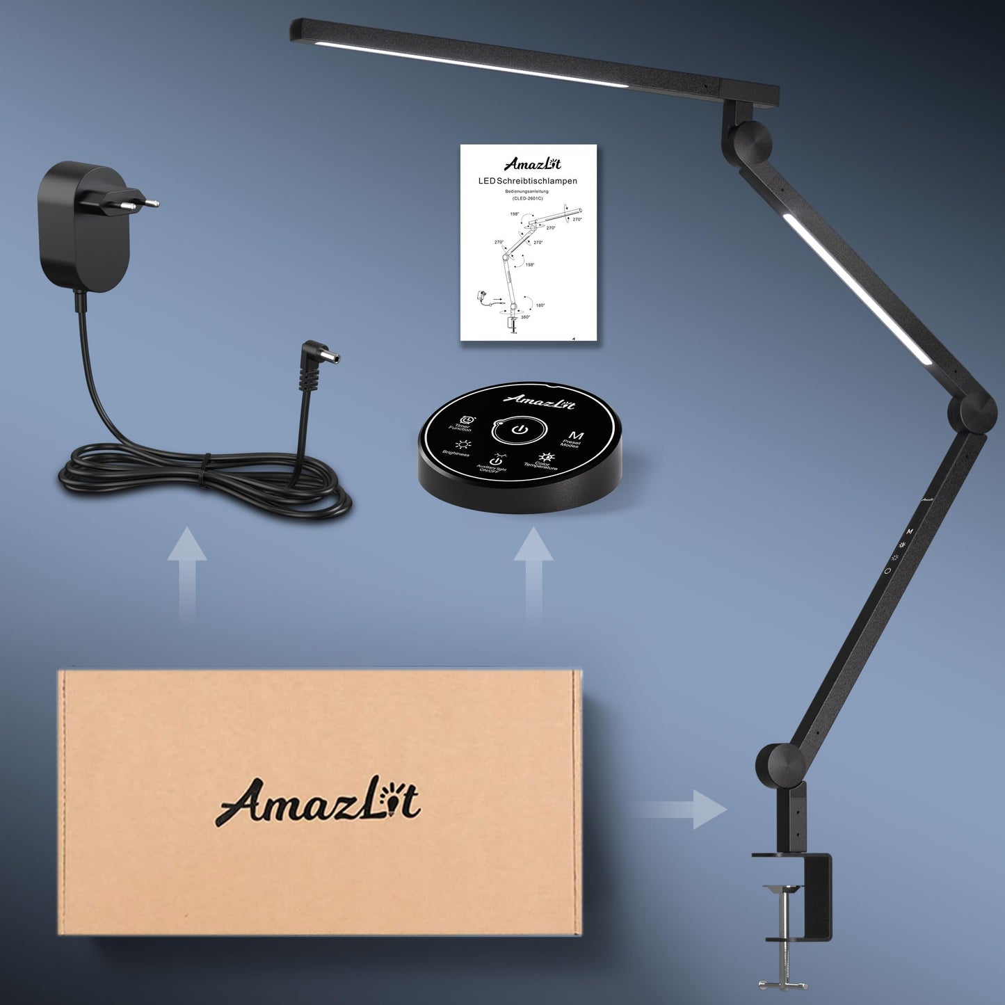 AmazLit Desk Lamp, Dimmable LED Desk Lamp 12W, Dual Light Source Swing Arm Architect Lamp, Adjustable Color Temperature Table Lamp Clamp, Office Lamp with Remote Control.
