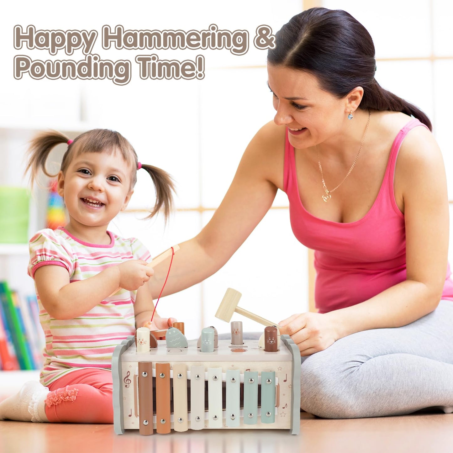 DINORUN Montessori toy for ages 1 and up, wooden hammering toy for fine motor skills, xylophone for 1 year old kids, ideal gift for children ages 1-4, girls and boys.