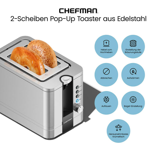 Chefman Stainless Steel 2-Slice Toaster with 7 browning settings, extra-wide slots for bagels, functions for defrosting/warming/stop, removable crumb tray, 925W, 240V, Silver.