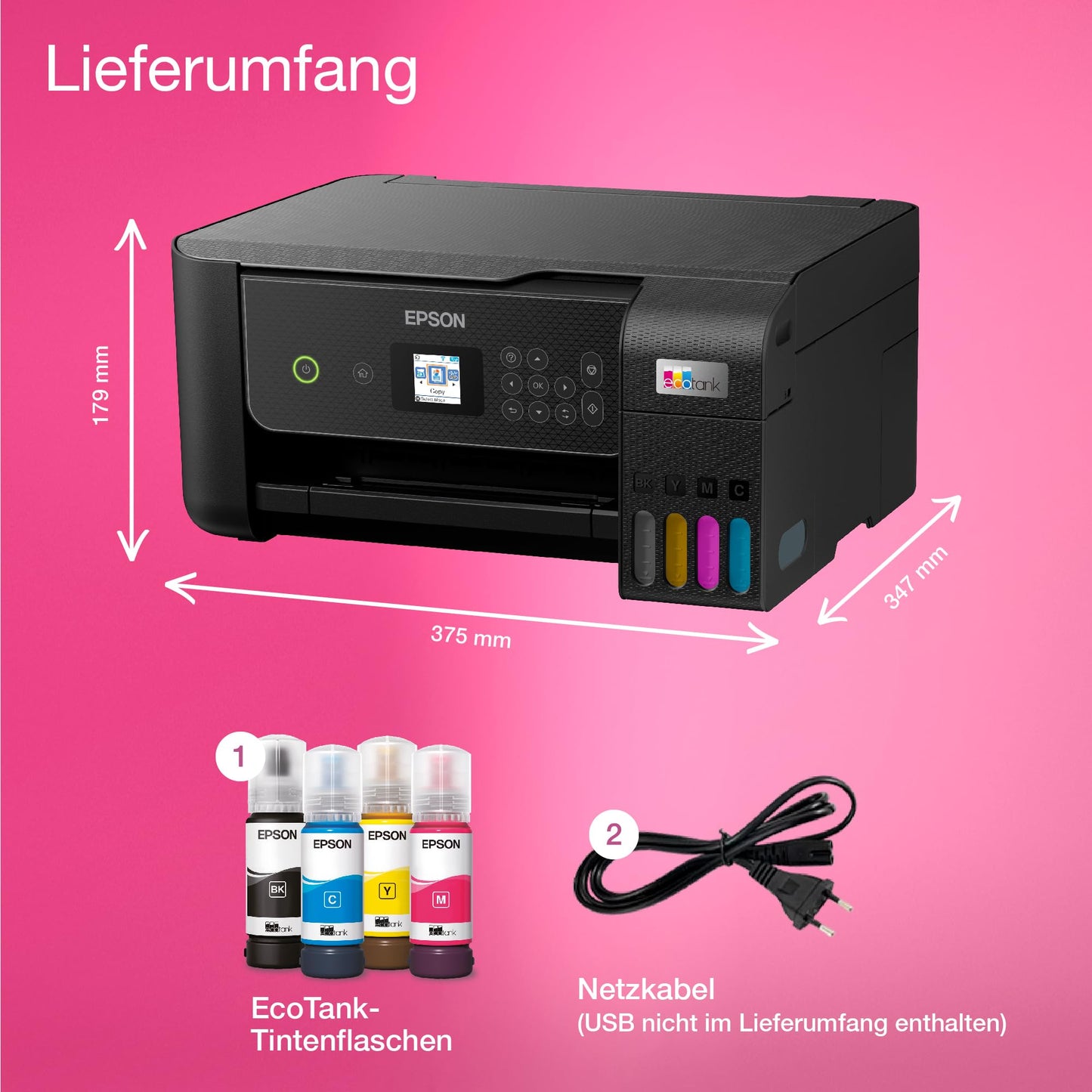 Epson EcoTank ET-2870 A4 multifunction Wi-Fi ink tank printer, with a supply of ink included that can last up to 3 years.