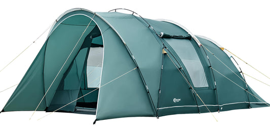 Portal tent for 5-6 people, tunnel design, waterproof 3000mm. Luxury camping tent with 2 sleeping cabins, standing height, vestibule, large floor, ideal for families, groups, camping, travel, trekking, and garden.