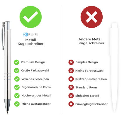 GIMEI® Metal Ballpoint Pen 50 Pieces | Premium Set High Quality, for Easy & Smooth Writing | White Pen with Blue Ink as Optical Highlight