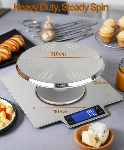 Rotating Cake Stand Aluminum Alloy, Yizish 12-inch Rotating Cake Stand, Cake Decorating Turntable with 2 Icing Spatulas and 3 Dough Scrapers Stainless Steel for Baking, Pastry, and Mother's Day.