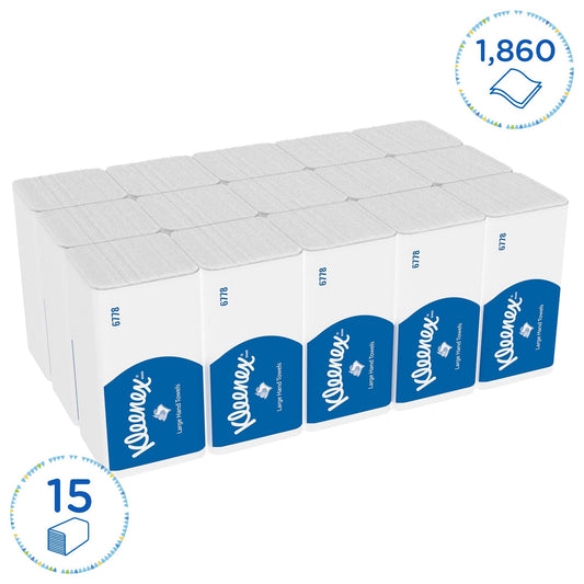 Kleenex Ultra Large Paper Towels with Interfold V-Fold 6778, 2-ply paper towels, FSC paper, 15 packs x 124 towels (1,860 fold towels), compatible with standard paper towel dispensers.