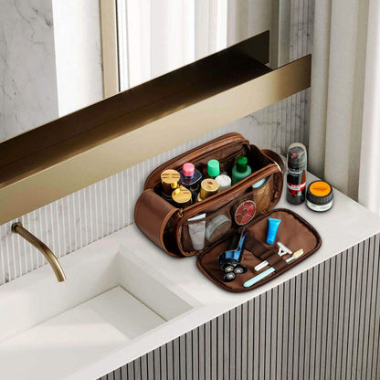 Elviros men's toiletry bag, PU leather waterproof travel large opening toiletry bag, suitable for travel, business trip, fitness, bathroom, dark brown, size: L