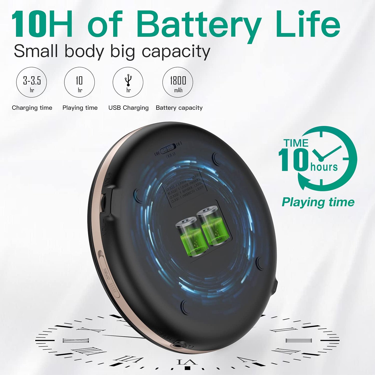 HOTT CD903TF portable rechargeable CD Player with Bluetooth and FM transmitter, suitable for travel, home, and car use. Includes stereo headset and anti-shock function. (black)