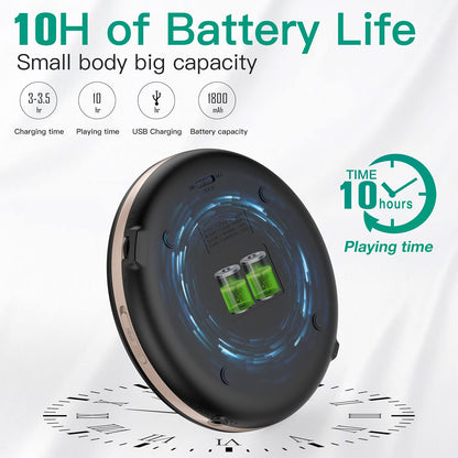 HOTT CD903TF portable rechargeable CD Player with Bluetooth and FM transmitter, suitable for travel, home, and car use. Includes stereo headset and anti-shock function. (black)