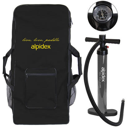 ALPIDEX Stand Up Paddle Set SUP 320 x 76 x 15 cm max. load capacity up to 200 kg Inflatable Stable Lightweight Complete Set Carrying Bag Paddle Fins Air Pump Leash Repair Kit, Color: Black