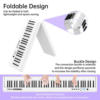 TERENCE 88-key piano Foldable keyboard with 1800mAh battery Support MIDI USB interface Piano app Bluetooth Music stand Stickers Audio cable Headphones Sustain pedal White