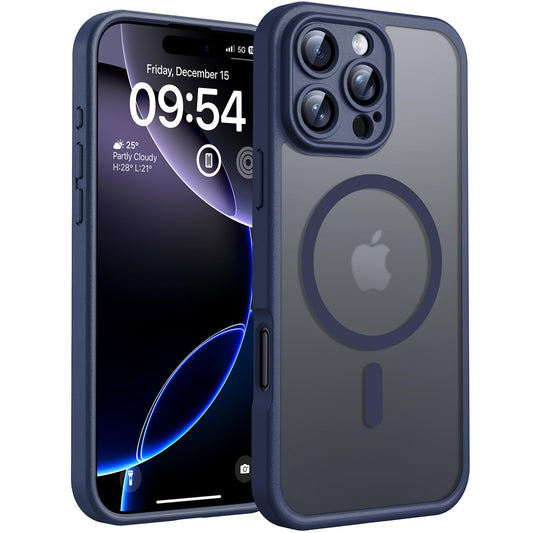 TOCOL iPhone 16 Pro case for Magsafe, with full camera protection, shockproof and scratch-resistant. Transparent back with magnetic closure in blue color.