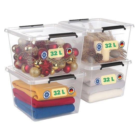 astor24 Storage Boxes with Lids, 4x 32 L, transparent containers, food-safe stackable bins. Ideal storage solution for office, nursery, clothing storage, plastic boxes for kitchen, workshop.