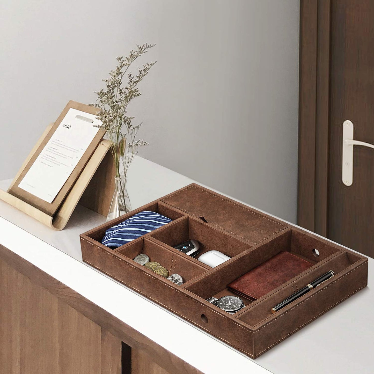 SITHON Bag emptier Table Organizer, 8 compartments Tray Organizer Storage box Faux leather Bedside cosmetic tray Nightstand coin box Key jewelry Organizer, (Brown)
