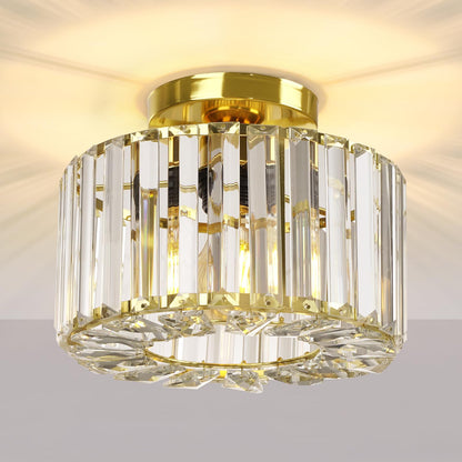 FRIDEKO HOME Modern Crystal Ceiling Light Black 4-Light Large Round Chandelier Crystal Lampshade Metal Ceiling Light E27 for Bedroom Living Room (Ø22cm-Gold)