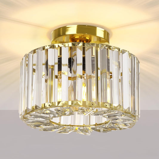 FRIDEKO HOME Modern Crystal Ceiling Light Black 4-Light Large Round Chandelier Crystal Lampshade Metal Ceiling Light E27 for Bedroom Living Room (Ø22cm-Gold)