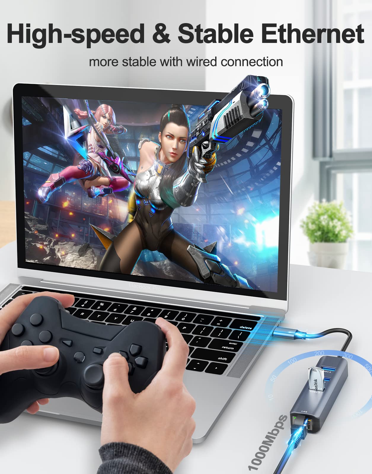 ABLEWE USB C Ethernet Hub, 4 in 1 USB C to Ethernet Adapter with 3 USB 3.0 ports and RJ45 Gigabit Ethernet LAN Network Adapter for MacBook, MacBook Pro, Chromebook Pixel, Laptop, and more devices.