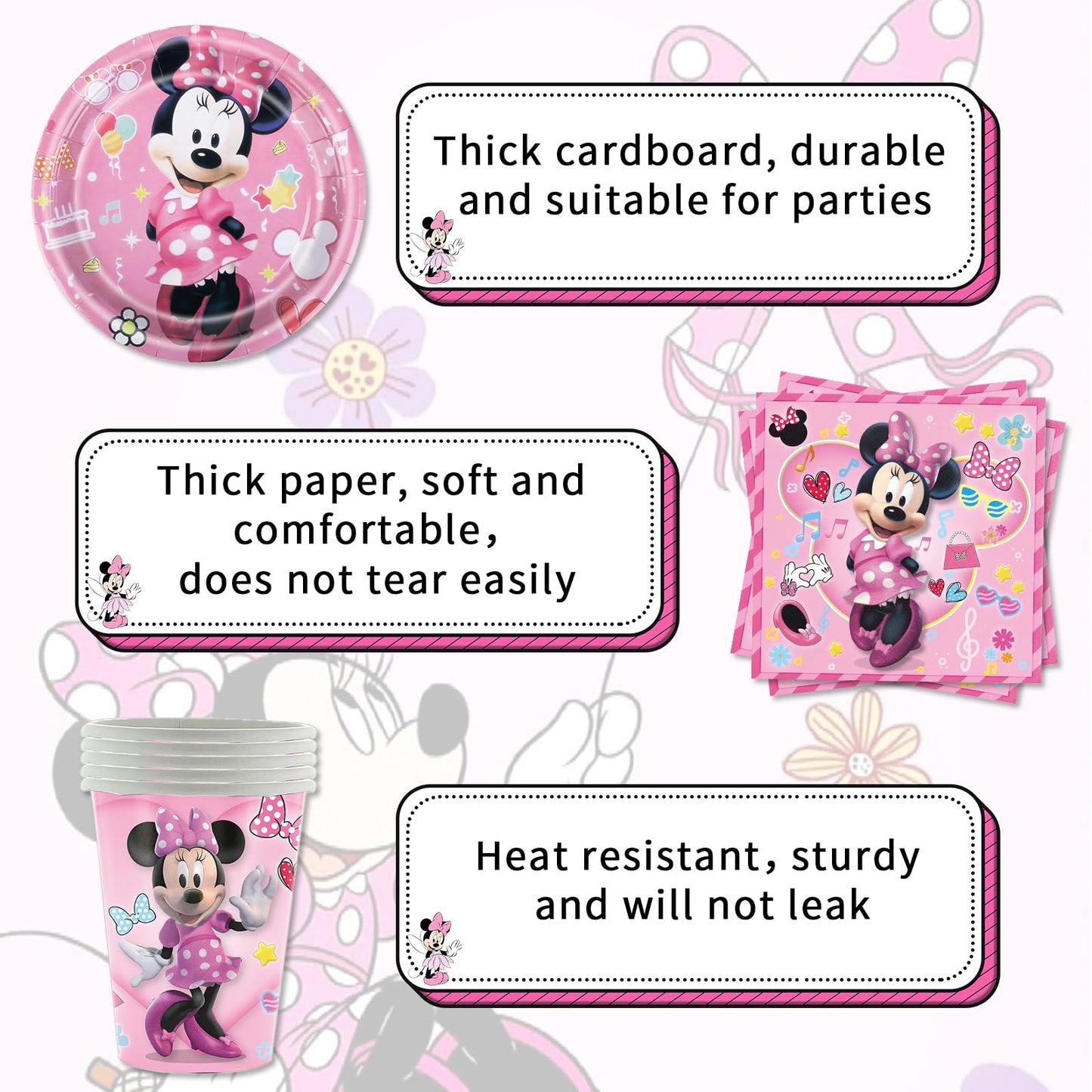 Minnie Mouse paper plates for kids birthday party décor - 100 pieces of pink Minnie birthday party supplies, Mickey birthday decorations for girls, partyware set includes napkins, tablecloth, balloons, banner, and cake decorations.