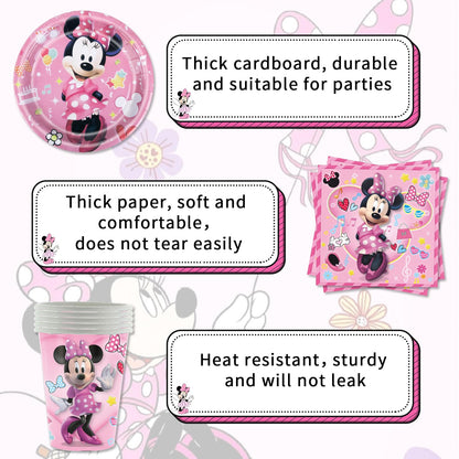 Minnie Mouse paper plates for kids birthday party décor - 100 pieces of pink Minnie birthday party supplies, Mickey birthday decorations for girls, partyware set includes napkins, tablecloth, balloons, banner, and cake decorations.