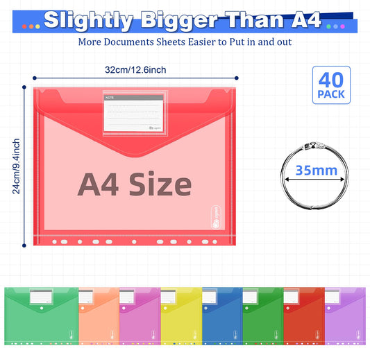 A4 document holder for filing 40 pieces, [Wider Sizes] 8 colors document wallet folders A4 button file bag with 11 hole edge and label pocket, collecting folders for office school home.