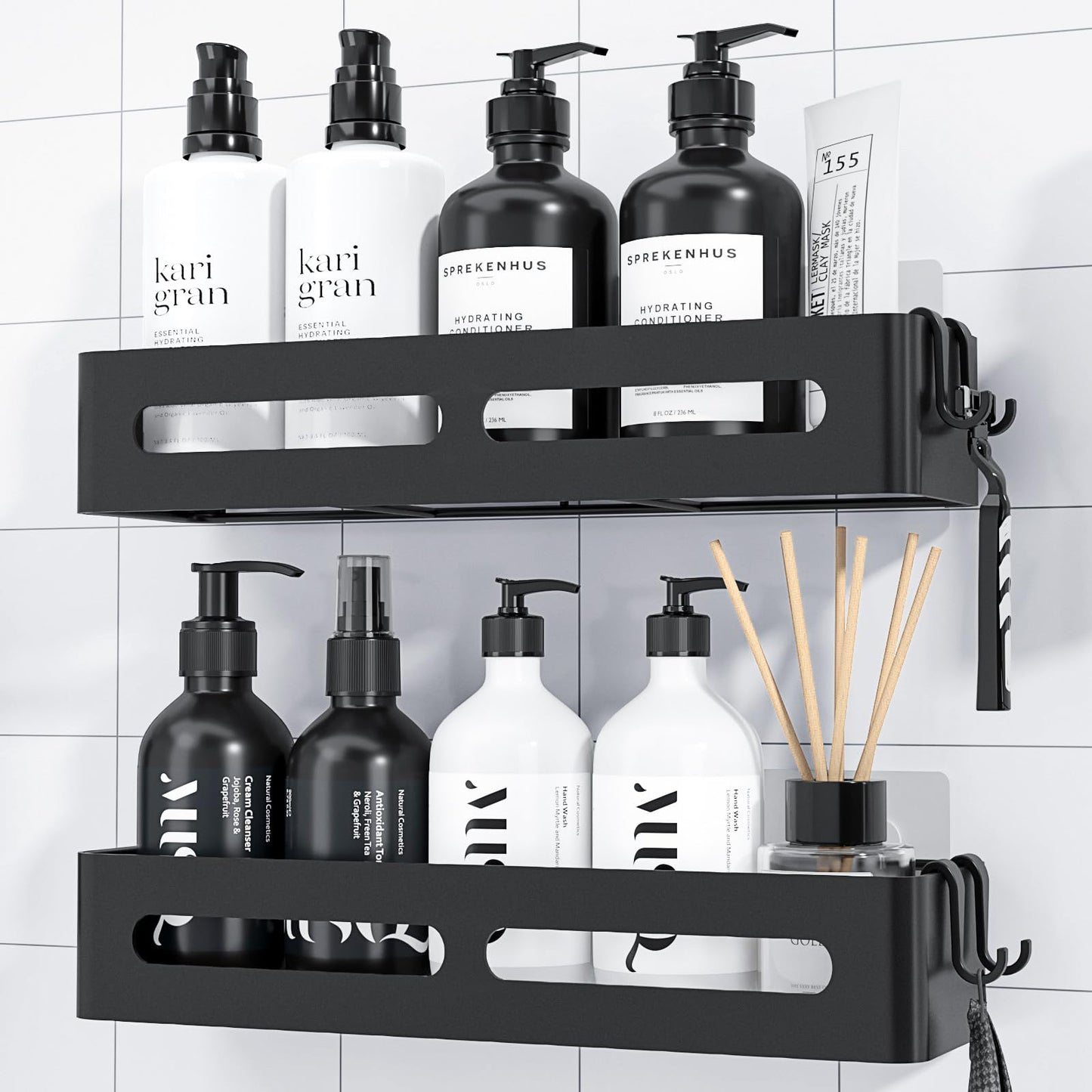 Kitsure Shower Caddy No Drilling - 2 Pack, Shower Shelf No Drilling with Large Capacity, Rustproof Wall Mounted Bathroom Shelf No Drilling, Self-Adhesive Shower Caddy, 35.5 x 12.0 x 5.5 cm, Black